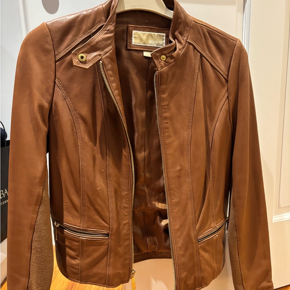 Michael Kors Carmel Leather Moto Jacket, Size Small